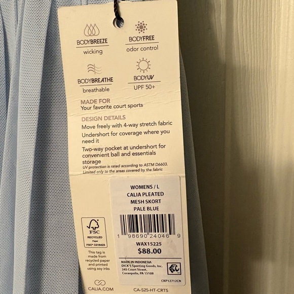 NWT Calia Pleated Mesh Skort Court Collection Pale Blue 2-Way Pocket Large $88 - Picture 2 of 11